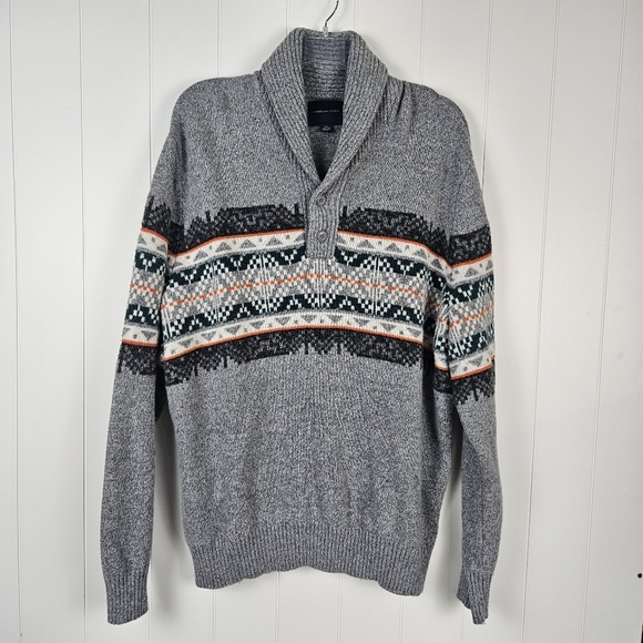 American Eagle Sweater Shawl Collar Pullover Fair Isle Nordic Gray Mens XXXL - Picture 2 of 8